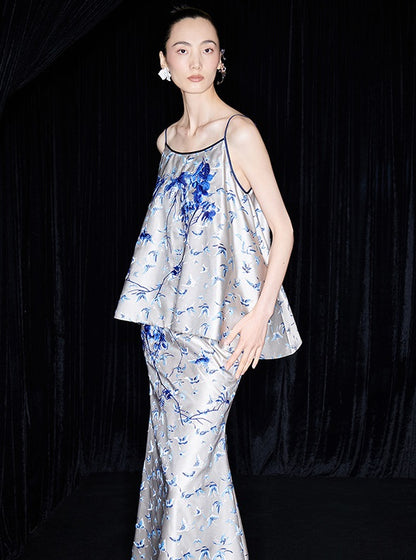 M essential Mackay designer butterfly jacquard blue vine butterfly dress skirt - MASTER.