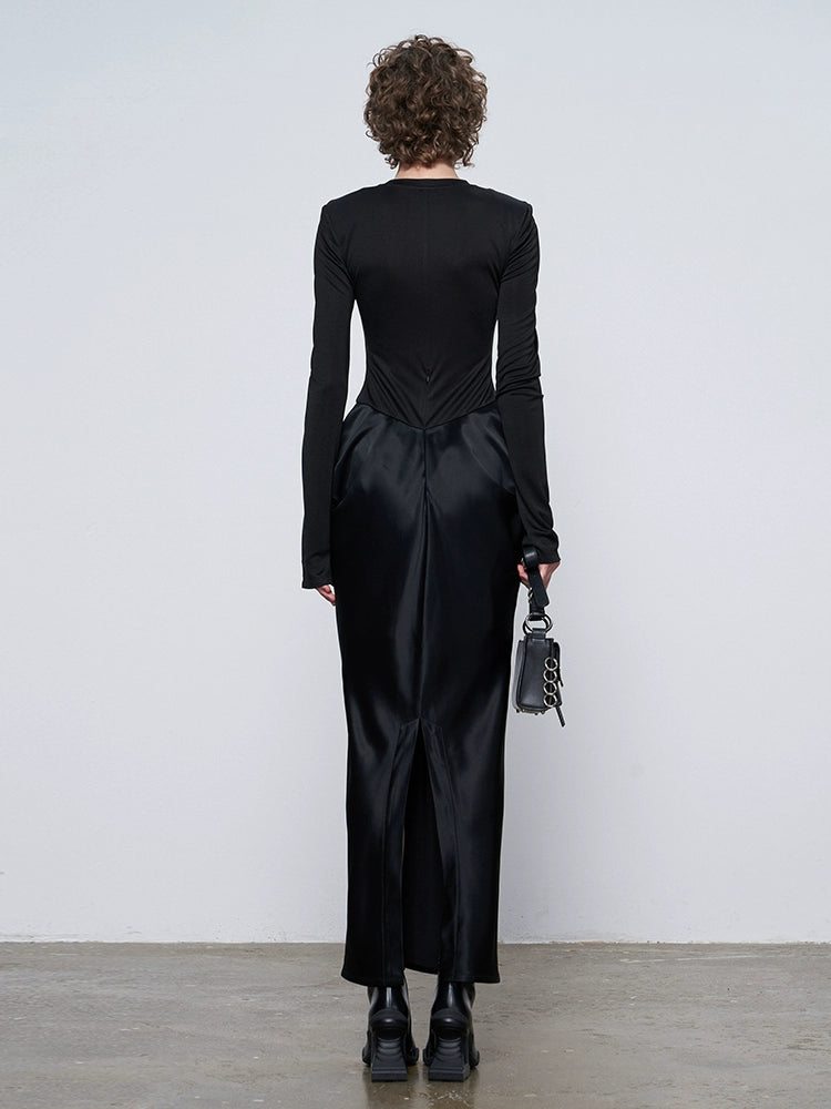 ANNAKIKI designer black acetate panel slim long-sleeved dress-JASMINE