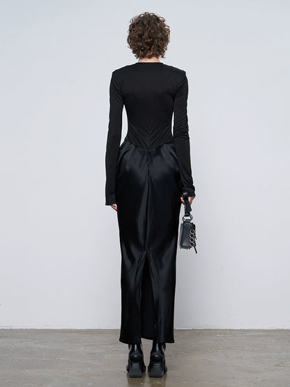 ANNAKIKI designer black acetate panel slim long-sleeved dress-JASMINE