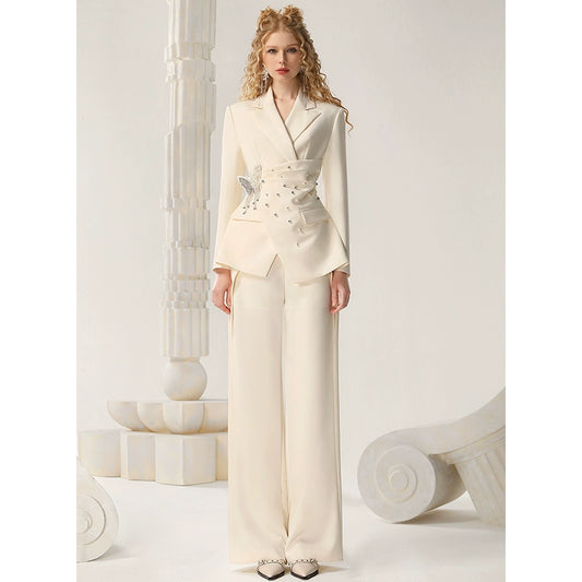 CHECOCRE Spring Bow Diamond Trim Irregular Blazer Wide-leg Suit - LION