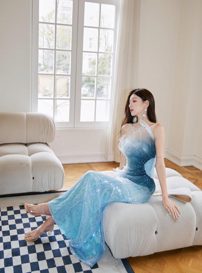 DOLLY Luxury Blue Sleeveless Mesh Bandeau High Waist Long Fish Tail Cocktail Dress-SENORA