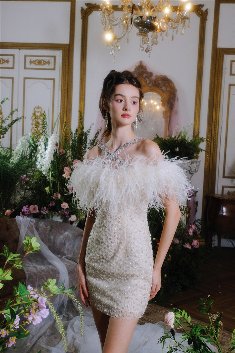 Wardrobes by Chen Luxury Off White Off Shoulder Feather Short Mini Party Dress-Genny