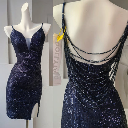 DOLLY Elegant Deep V-Neck Sleeveless Sequin Long Slim Fit Evening Dress-IVONNE