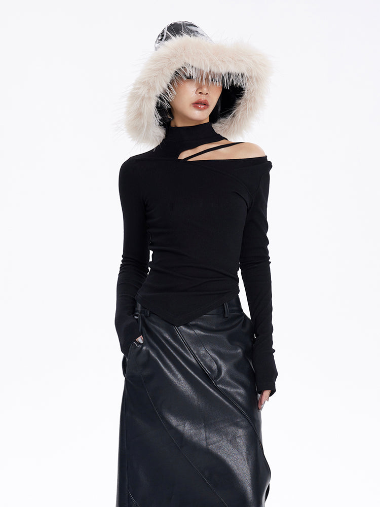 [20% OFF] TINY IN irregular cut-out off-the-shoulder long-sleeved T-shirt temperament slim fit half-neck base layer