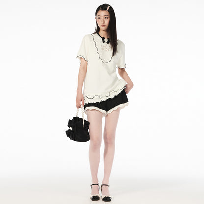 FAME contrast embroidered trim jacquard shorts - VIOLET