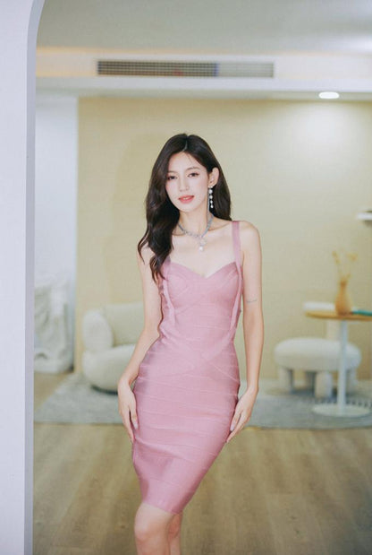 DOLLY Elegant V-Neck Sleeveless High Waist Knitted Midi Suspender Dress-PUNA