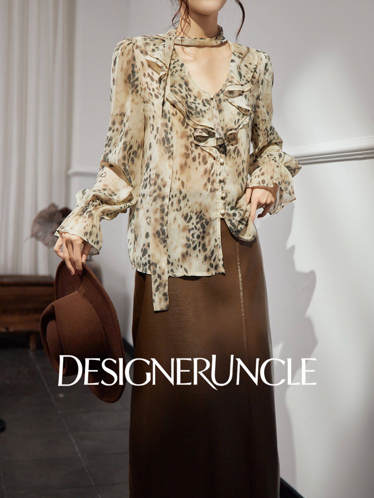 DGU "Twilight" leopard print new long-sleeved slimming foreign design top - Noah.