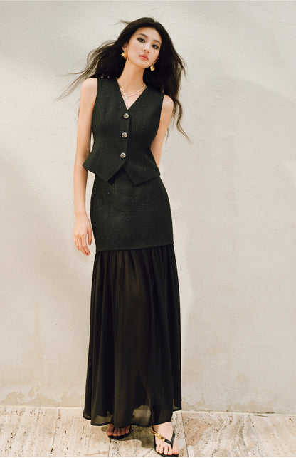 WANGXO |Light Georgette V-Neck Vest & Flowing  Skirt Suit Set-RINA