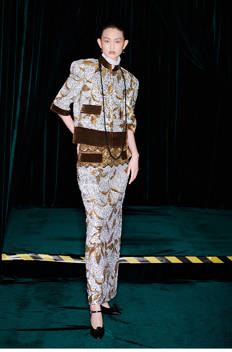 M essential Mackay luxury brown silver stand collar short seuins  jacket top pencil skirt set - sans.