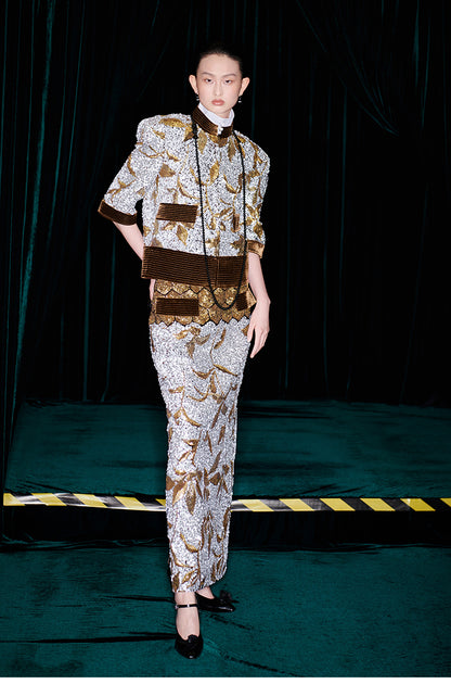 M essential Mackay luxury brown silver stand collar short seuins  jacket top pencil skirt set - sans.