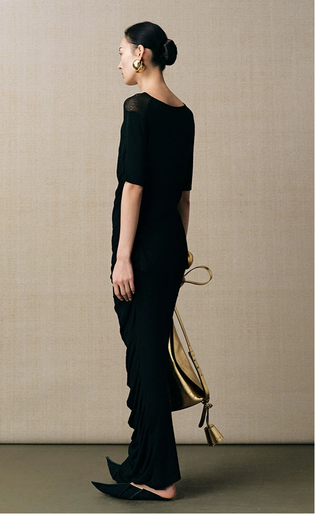 ZHUCHONGYUN  irregular hem pleated waist straight knit skirt--KUROKO.