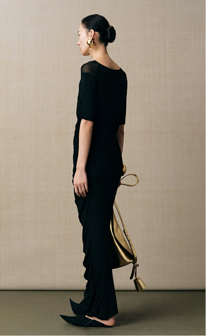 ZHUCHONGYUN  irregular hem pleated waist straight knit skirt--KUROKO.