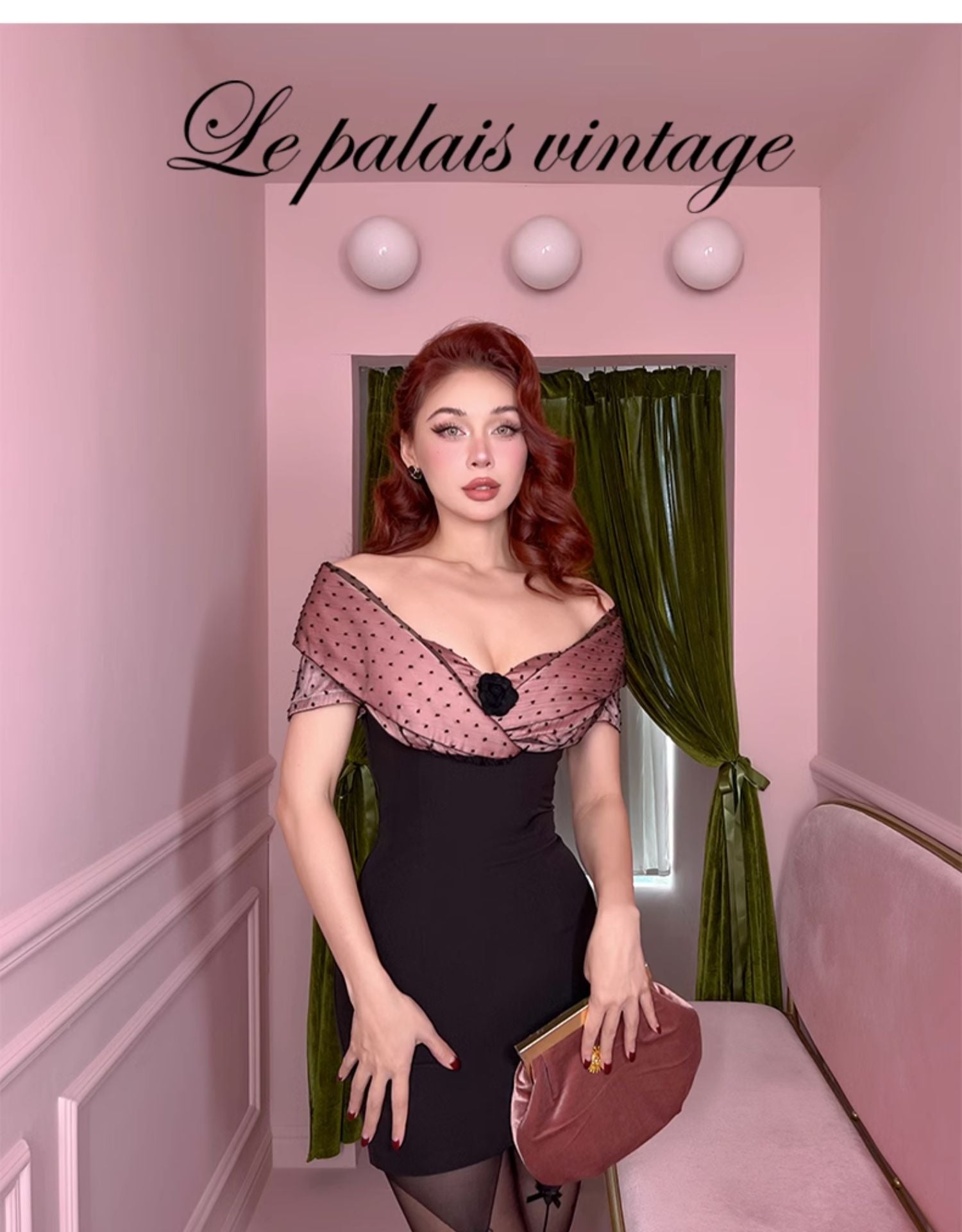 Le Palais Vintage original elegant pink black lace fake two-piece dress - Tiolo