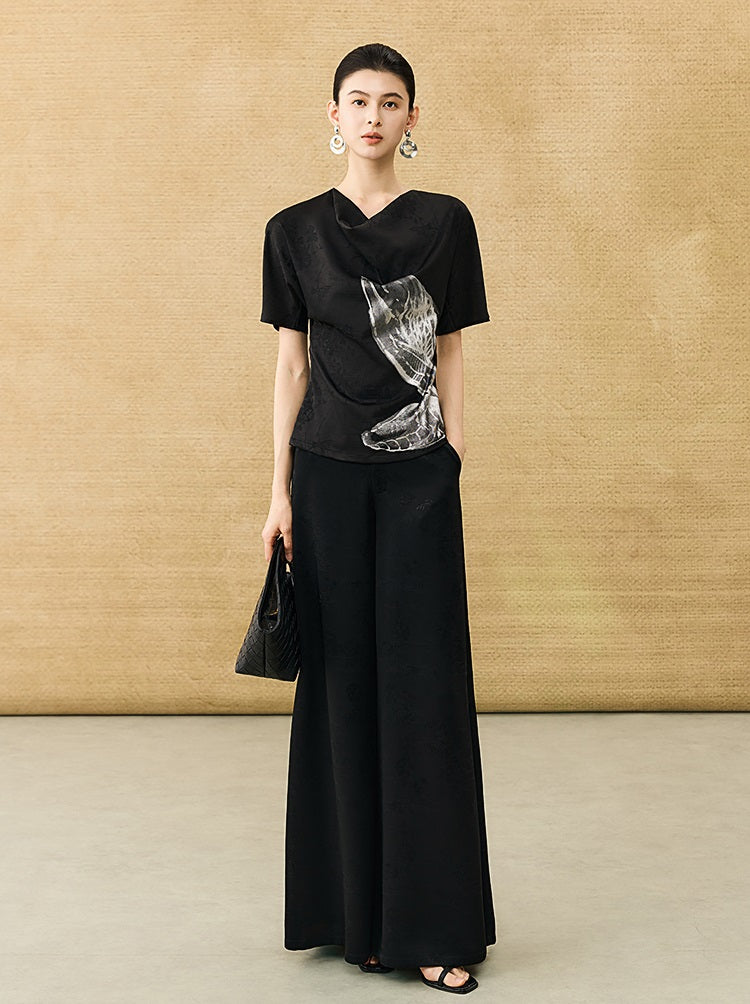 HECO Chinese Art Butterfly Print Swing Neck T-Shirt Waist Slim Top - CONJOR .