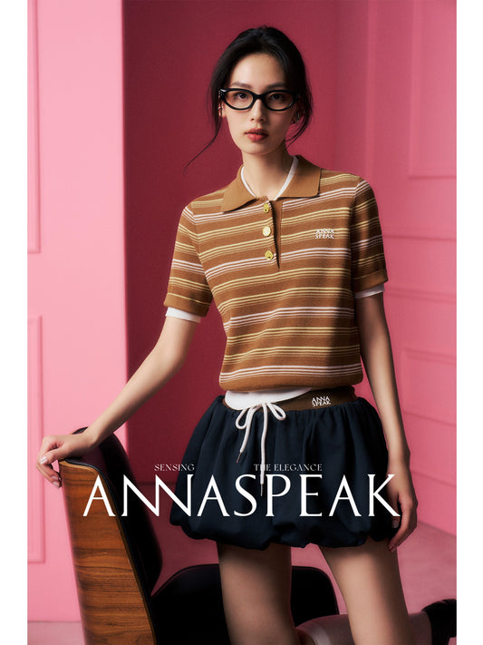 AnnaSpeak Luxury Stripe Polo Collar Short Sleeve Loose Shirt-Nikka