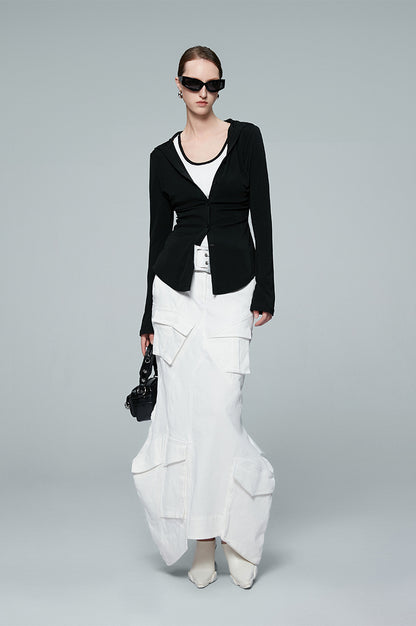 ANNAKIKI white geometric irregular split cargo skirt-MIKASA