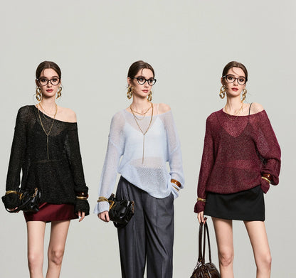 ANNASPEAK Asymmetrical off-the-shoulder wool beaded long sleeve knit-SOSO.
