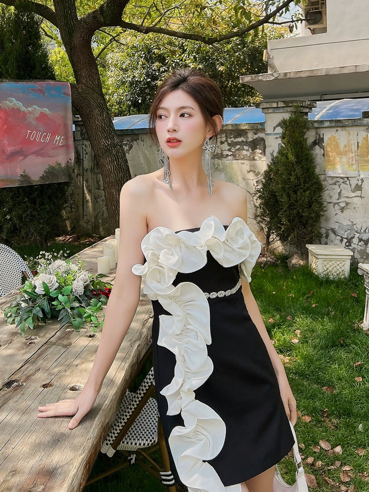 DOLLY Elegant Black Off Shoulder White Ruffle Tube Top Short Date Dress-JAJA