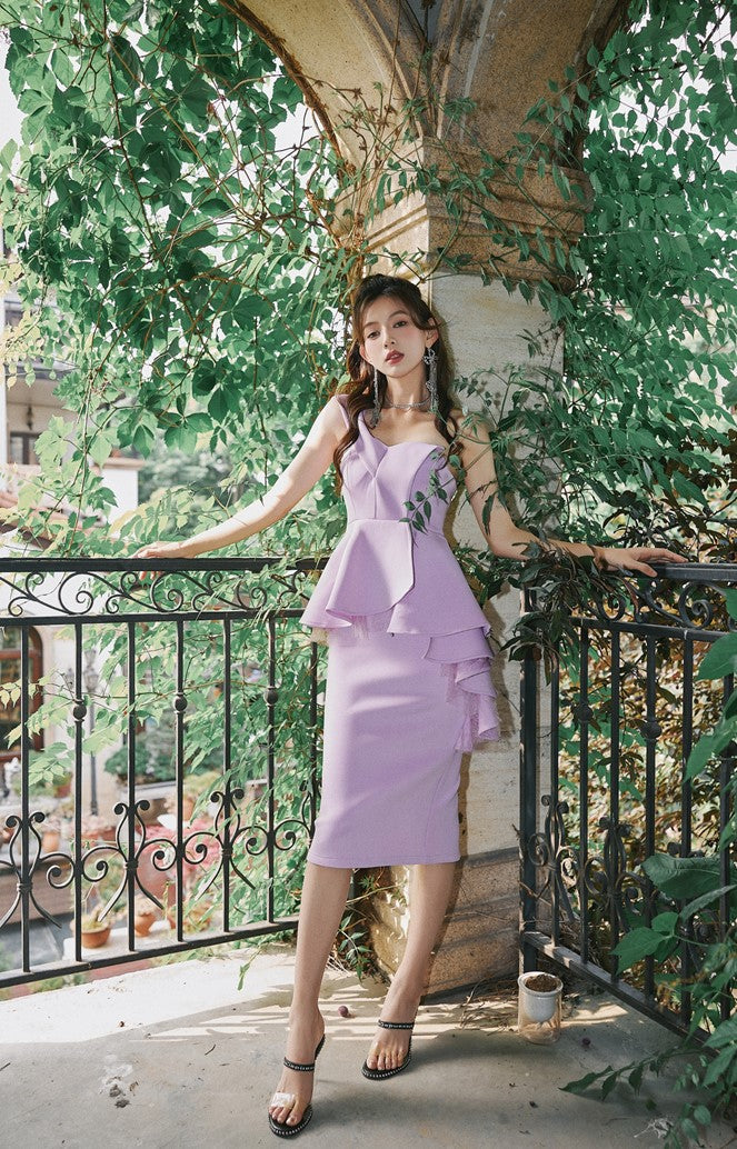 DOLLY High End Ruffled Fake Two Piece French Lace Off Shoulder Midi Office Dress-BRYONY