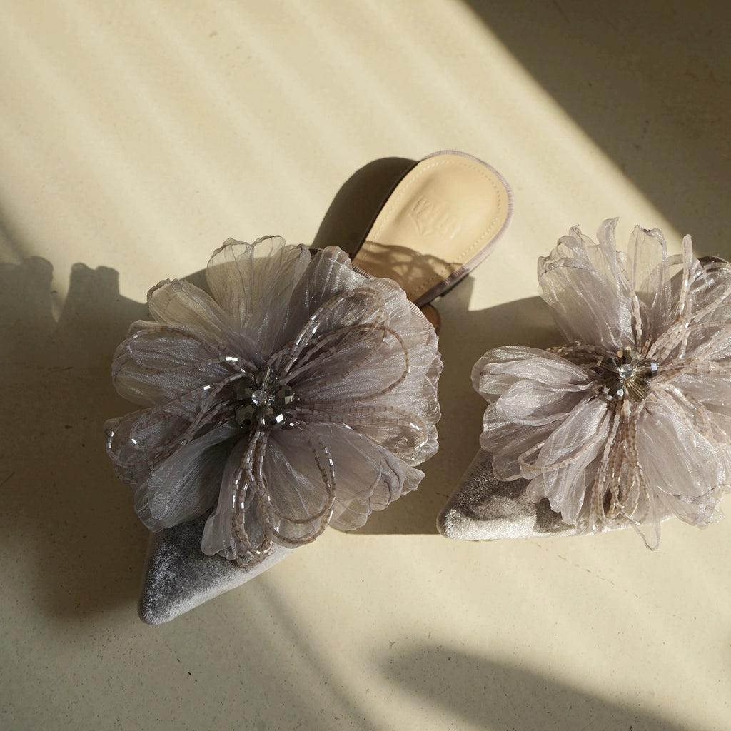 B-FEI flower embossed velvet pointed toe flat slippers-HAEIN.