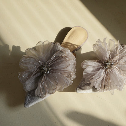 B-FEI flower embossed velvet pointed toe flat slippers-HAEIN.