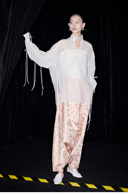 M essential Mackay designer soft-paper pale overshirt with pavement embroidery - serious.