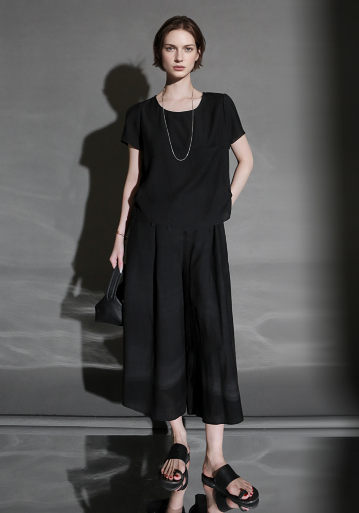 PIAOIN textured linen silk loose wide-leg cropped pants set summer-GISELLE.