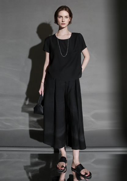 PIAOIN textured linen silk loose wide-leg cropped pants set summer-GISELLE.