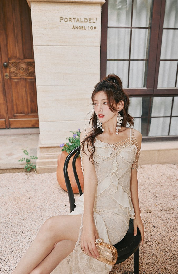 DOLLY Elegant French Style Cream Ruffled Lace Fake Two Piece Midi Dinner Dress-KAKA