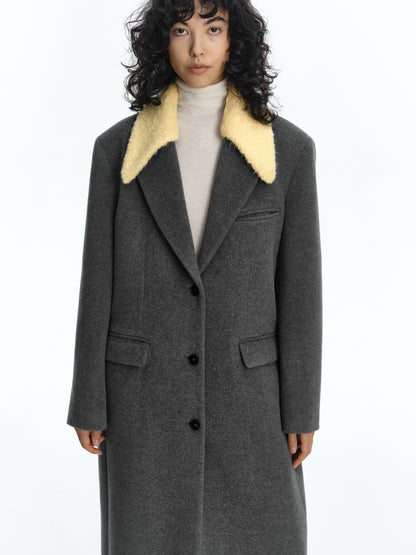 SERRER Light Yellow Gray Wool Coat with Detachable Fur Collar - ZAINAB.