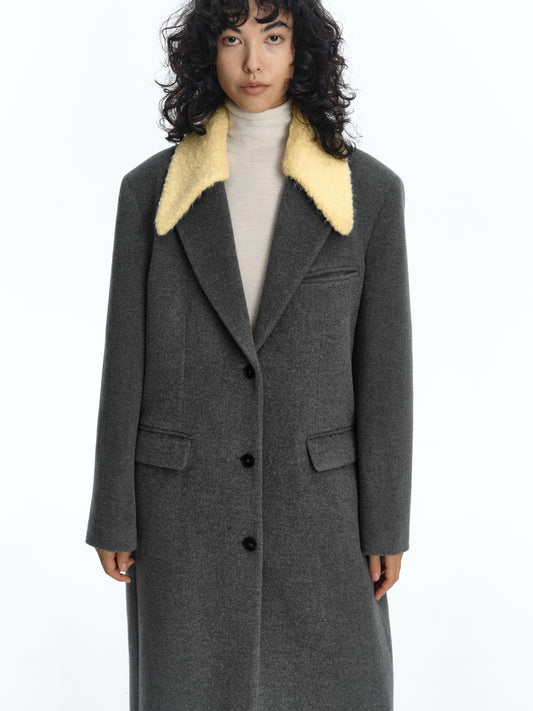 SERRER Light Yellow Gray Wool Coat with Detachable Fur Collar - ZAINAB.