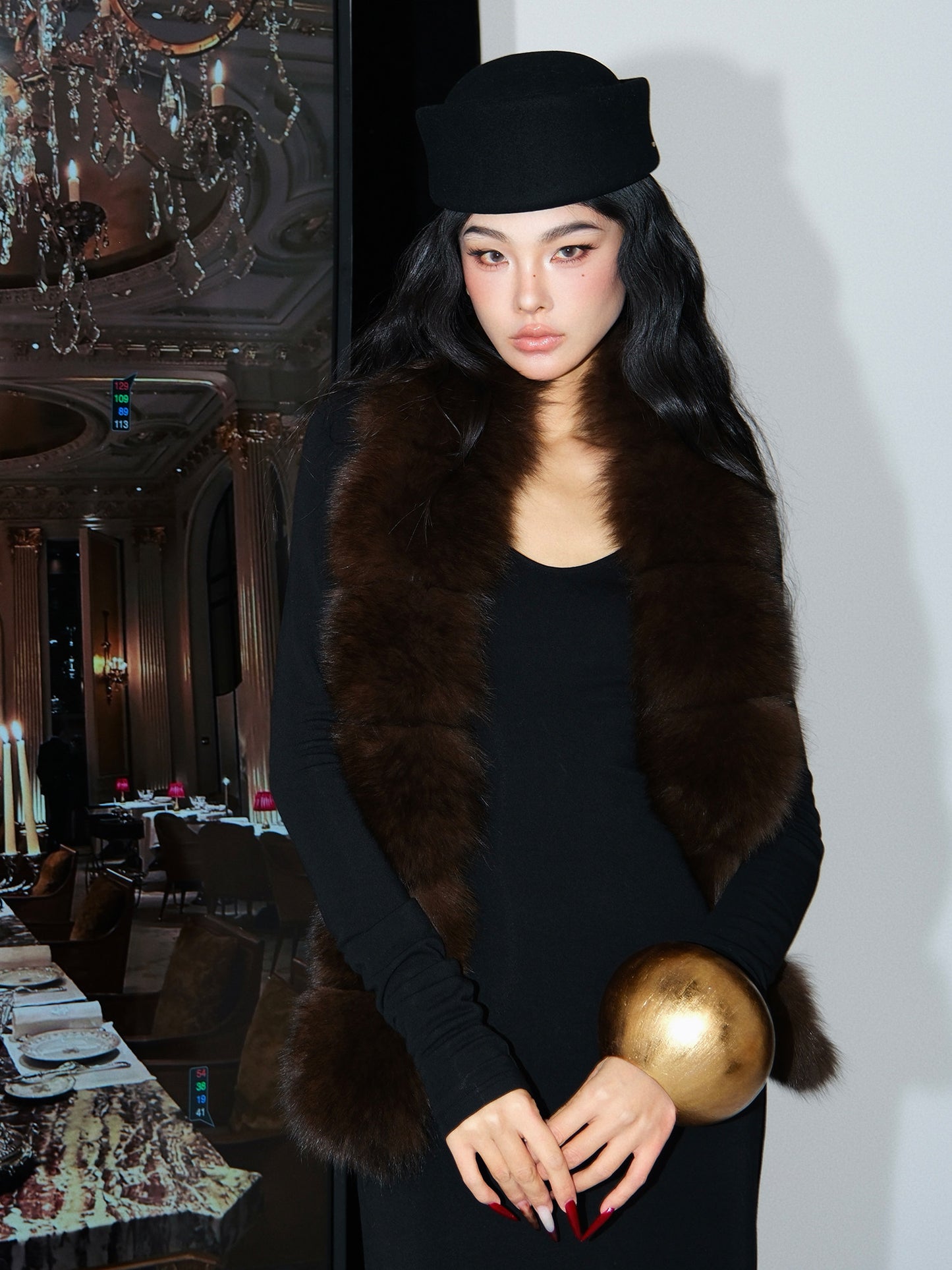 MEI SANGUAN Black U-neck long-sleeved floor-length dress - HARPER