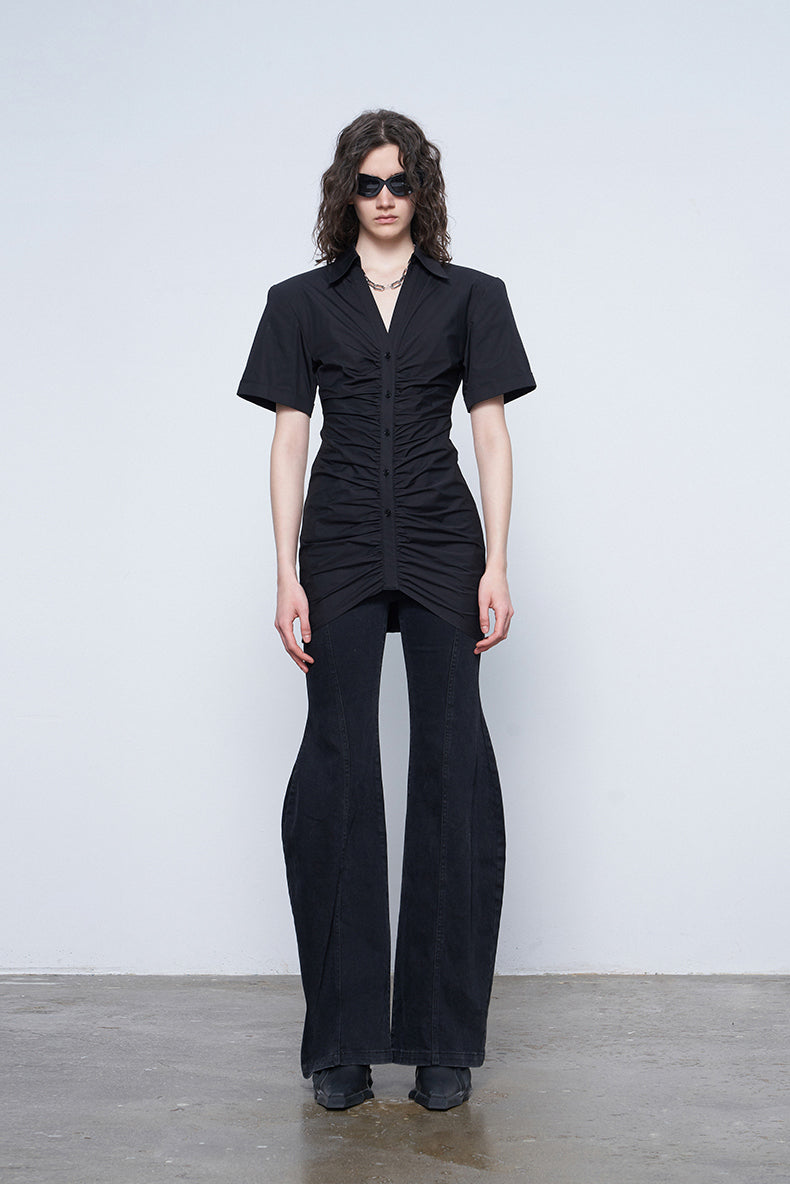 ANNAKIK Black and white pleated waist V-neck dress-FANSIA