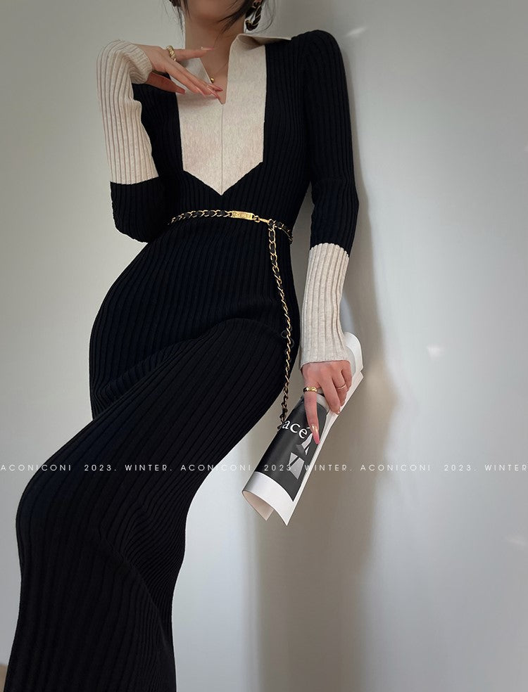 Aconiconi Luxury Polo Collar Long Sleeve Slim Fit Knitted Midi Dress- Paris Old Dream
