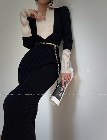 Aconiconi Luxury Polo Collar Long Sleeve Slim Fit Knitted Midi Dress- Paris Old Dream