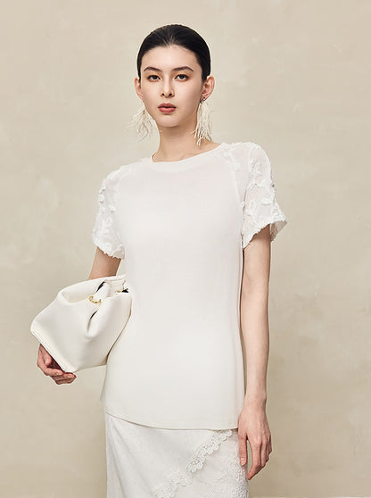 HECO High-grade disc flower stitching short sleeve white lace sleeve top - GLORY.