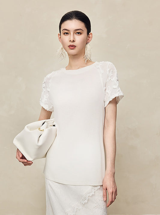 HECO High-grade disc flower stitching short sleeve white lace sleeve top - GLORY.