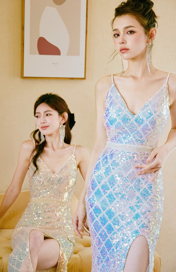 DOLLY High End Sleeveless V-Neck Sequin Long Slim Fit Slit Banquet Dress-ERICA