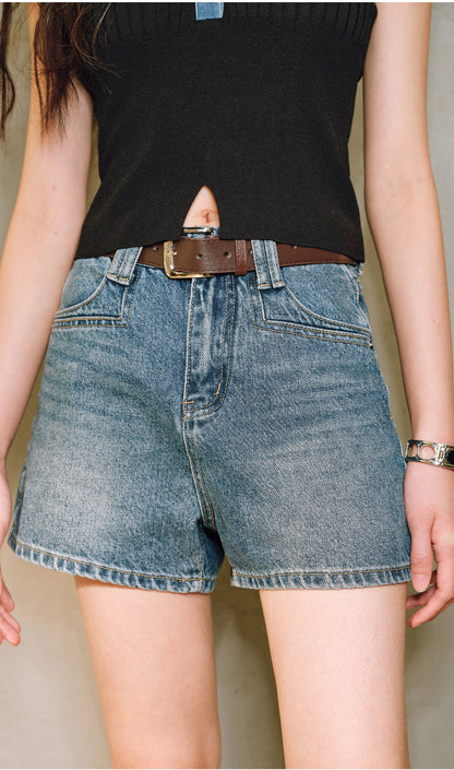 WANGXO |Micro A-Line High-Waisted Lightweight Denim Shorts with Vintage Finish -ZINA