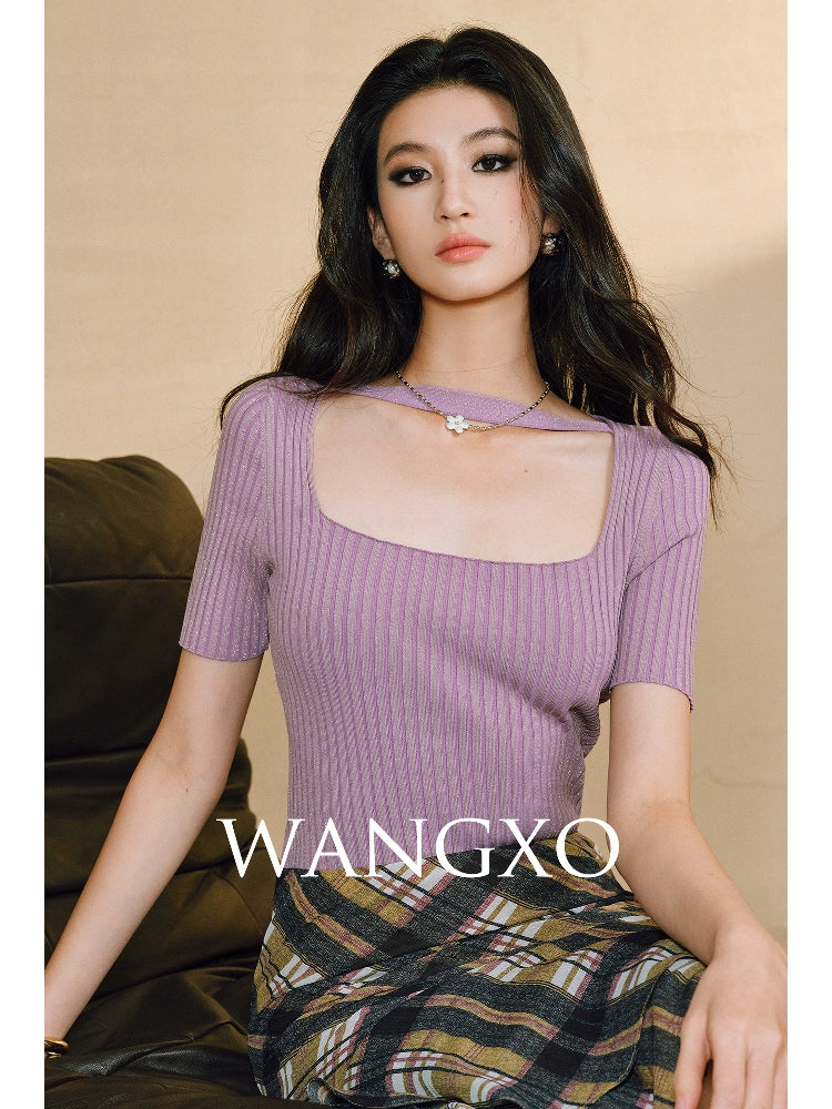 WANGXO | Phantom Shiny Silk with Hemp Retro Square Neck Slim Ribbed Knit Short Sleeve Top -ZARA