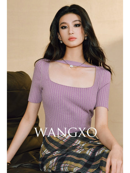 WANGXO | Phantom Shiny Silk with Hemp Retro Square Neck Slim Ribbed Knit Short Sleeve Top -ZARA