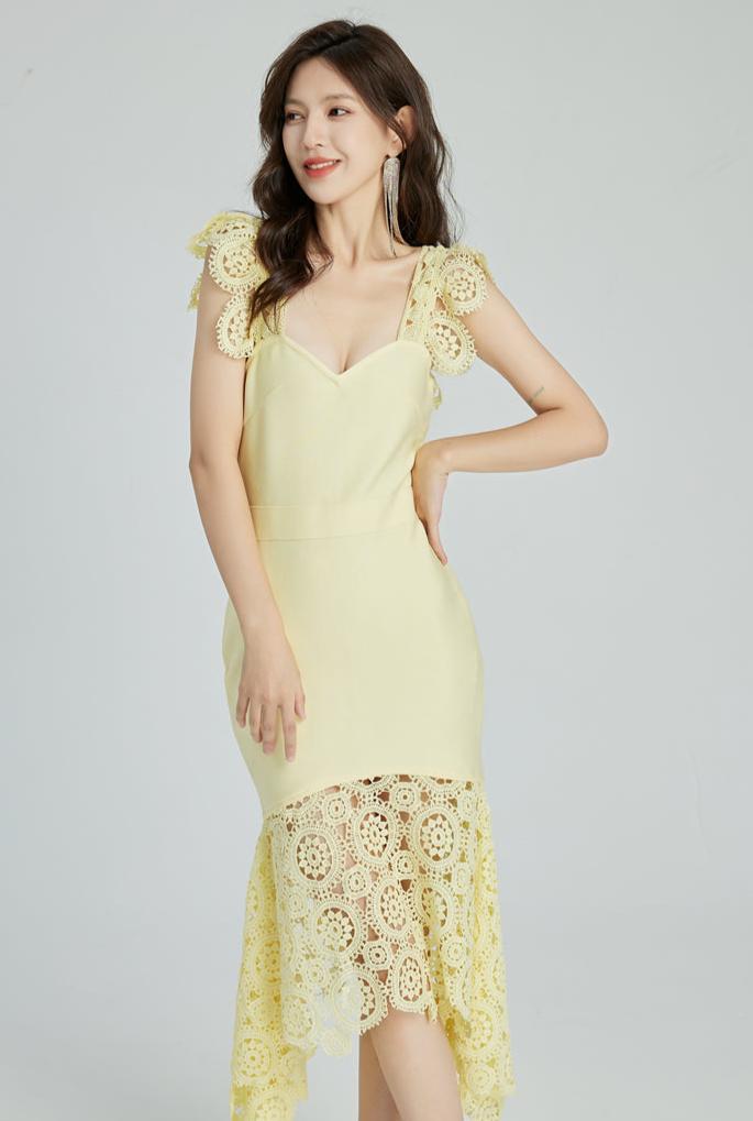 DOLLY Elegant White/Yellow V-Neck Sleeveless Lace Midi Birthday Guest Dress-THALIA