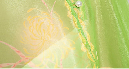 MagicQ's asymmetric placket shawl gradient willow leaf print pleated dress- Mika