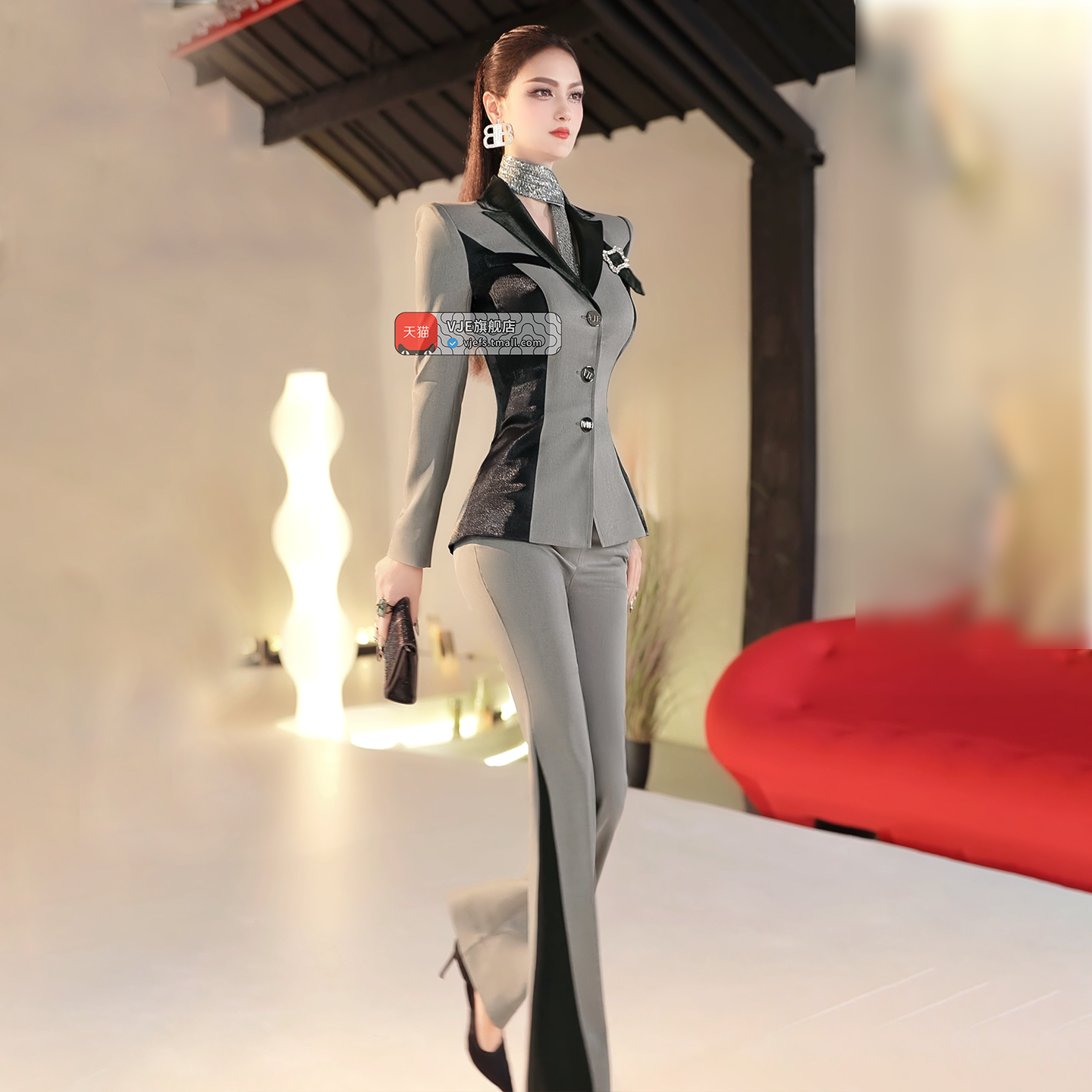 VJE  Color-Blocking Suit Micro Flared Pants Two-Piece Set - YUN.