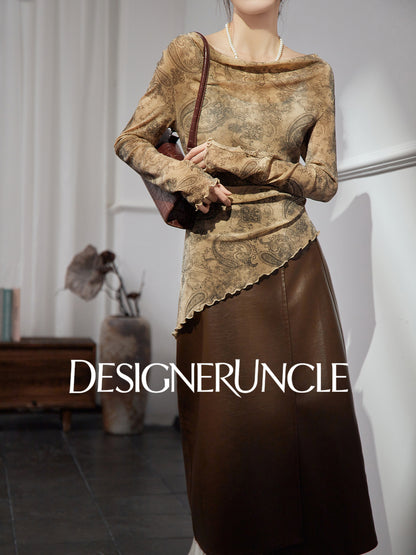 DGU "Gilded" khaki T-shirt autumn new retro print slim commuter slimming top - JACE.