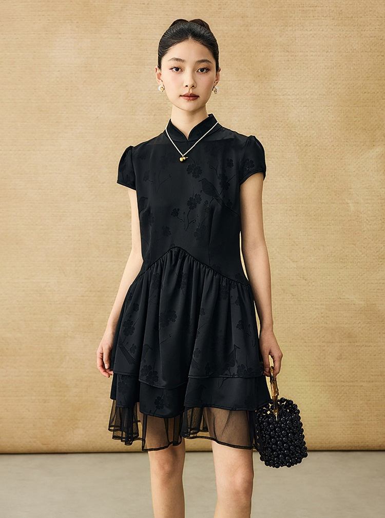 HECO Acetate Jacquard Midi Tiered Cap Sleeves Dress - HEART.