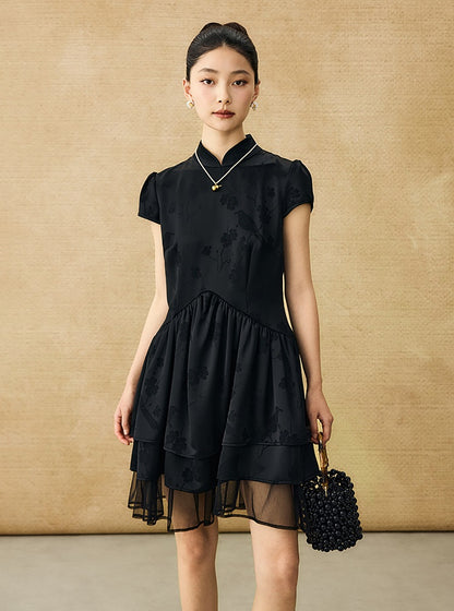 HECO Acetate Jacquard Midi Tiered Cap Sleeves Dress - HEART.