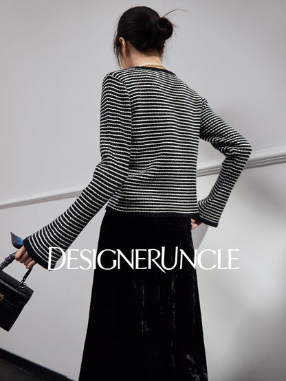 DGU "Lanxi" black knitted sweater striped French retro slimming top - IMOGEN.