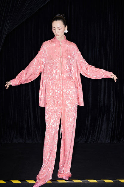 M essential Mackay designer lime jacquard stand-up collar loose top - JAMES.