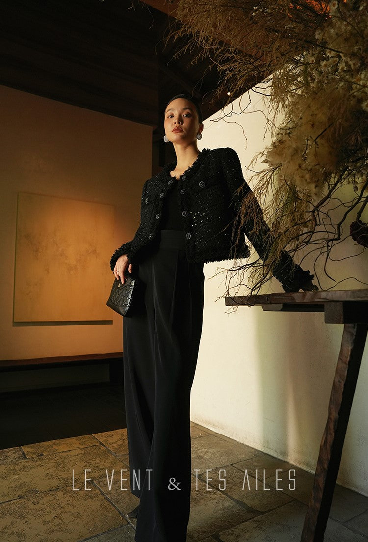 LE VENT&TES AILES High-end Luxury Heavy Work sequin Tweed Jacket Skirt Suit-FINN